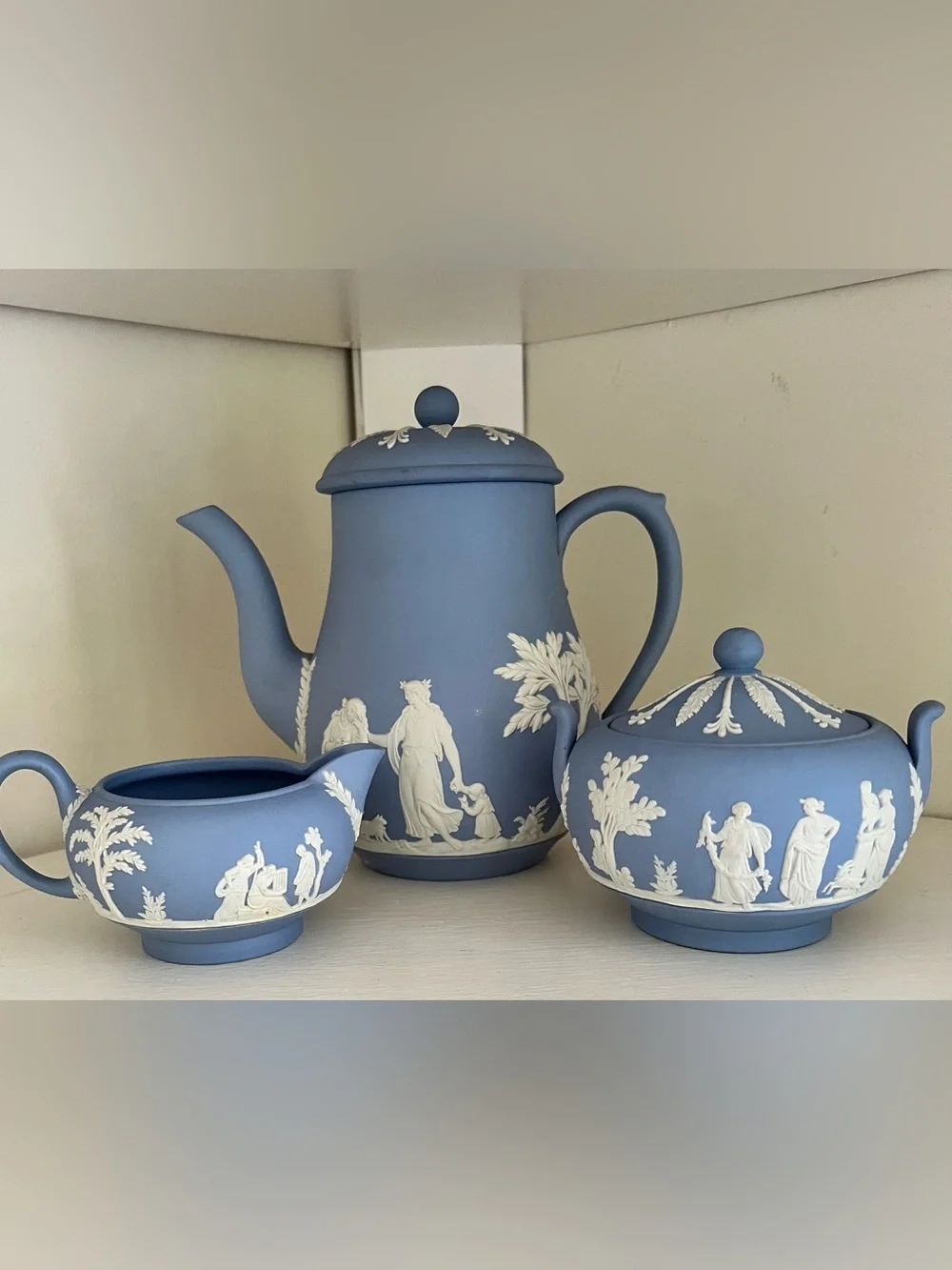 Iconic Wedgwood Blue Jasperware 3 Piece Coffee Service set Pristine Condition